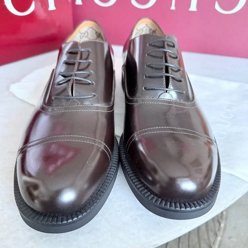 Gucci 812153 Mens Tempe Cap-Toe Dark Brown Leather Oxford Shoes, UK8. US 8.5